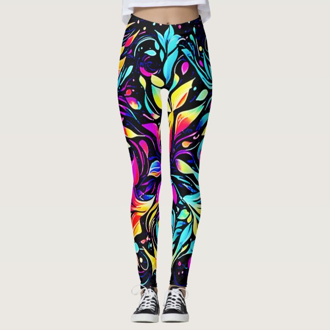 Neon Blommigt Burst Art Leggings (Framsida)