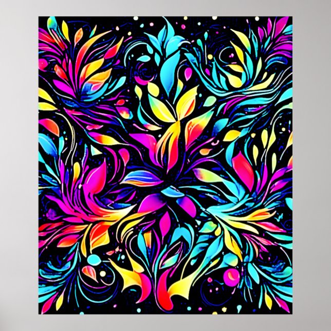 Neon Blommigt Burst Art Poster (Framsidan)