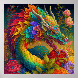 Neon Blommigt Dragon Poster