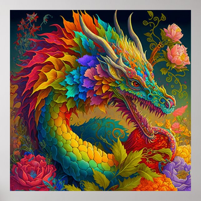 Neon Blommigt Dragon Poster (Framsidan)
