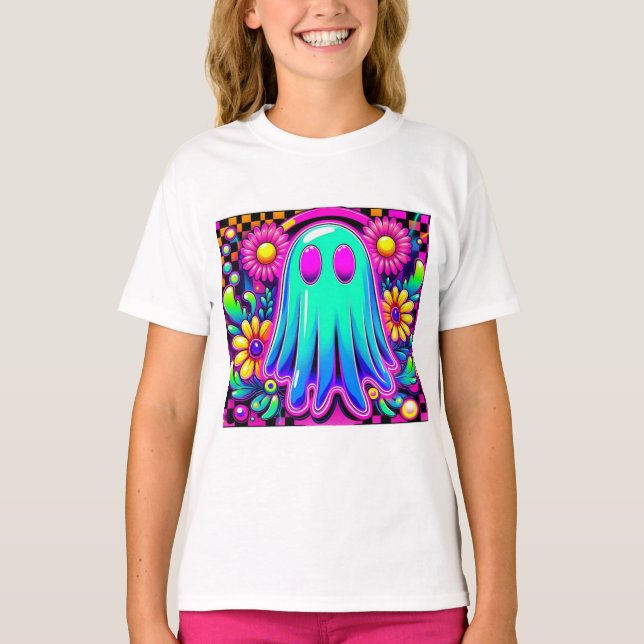 Neon Blommigt Retro Ghost Halloween T Shirt (Framsida)