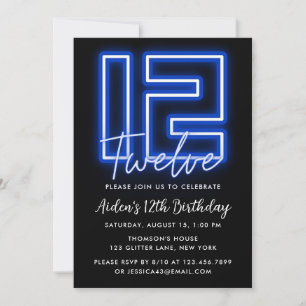 Neon Blue 12:e Birthday bjudande Inbjudningar