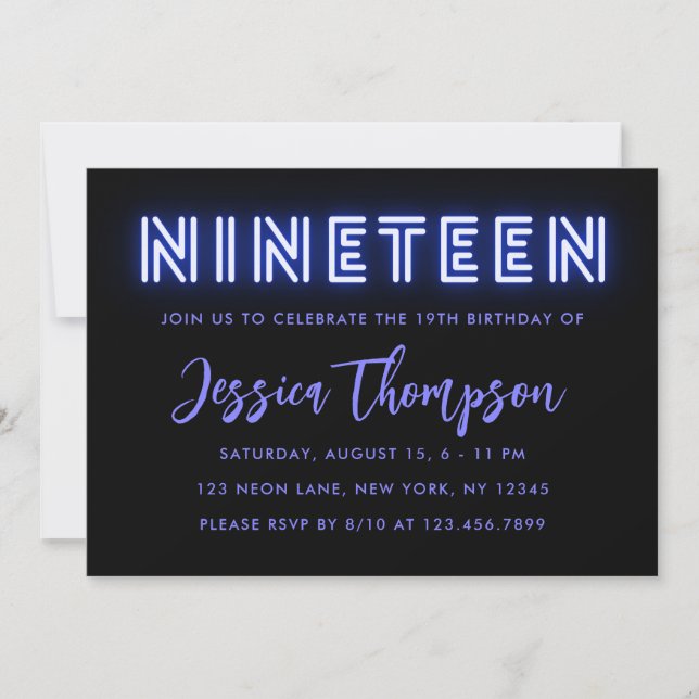 Neon Blue 19:e födelsedagsinbjudan Inbjudningar (Framsida)
