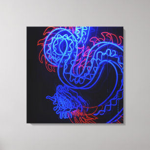 Neon Blue Dragon Black Background Bright Canvastryck