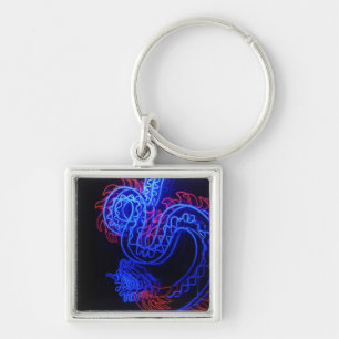 Neon Blue Dragon Black Background Bright Fyrkantig Silverfärgad Nyckelring
