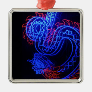 Neon Blue Dragon Black Background Bright Julgransprydnad Metall