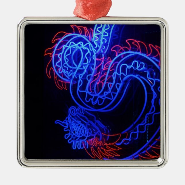 Neon Blue Dragon Black Background Bright Julgransprydnad Metall (Framsidan)