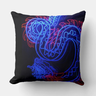 Neon Blue Dragon Black Background Bright Kudde