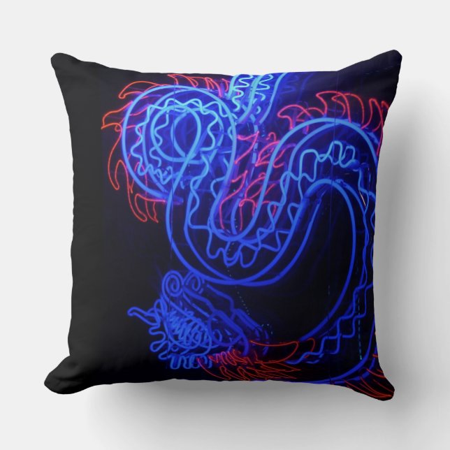 Neon Blue Dragon Black Background Bright Kudde (Framsida)