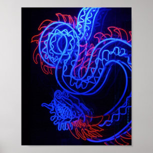 Neon Blue Dragon Black Background Bright Poster