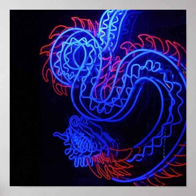 Neon Blue Dragon Black Background Bright Poster (Framsidan)