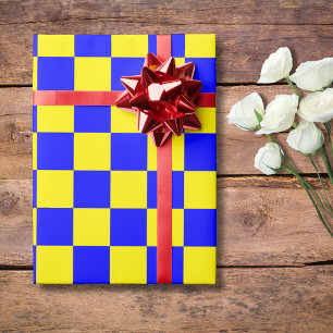 Neon Blue Gult Checkerboard-Vintage Presentpapper
