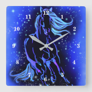 Neon Blue Horse på måndagskväll Fyrkantig Klocka