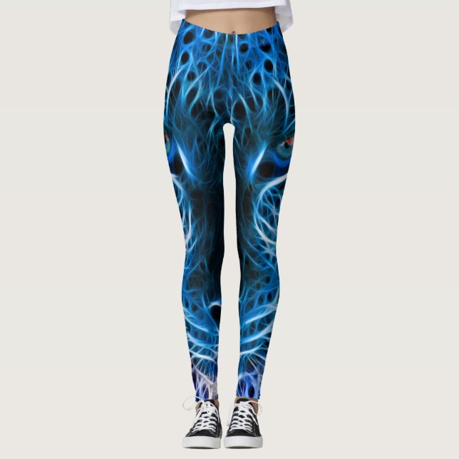 Neon Blue Leopard Print Leggings & Yoga Byxor (Framsida)