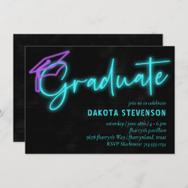 Neon Blue Light Glow | Modern Retro Studenten Inbjudningar