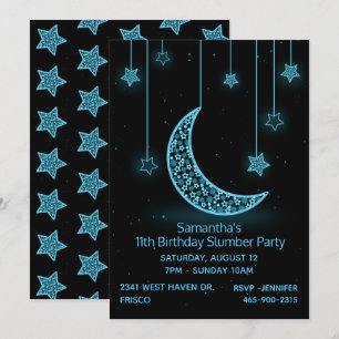 Neon Blue Måne och Stars Födelsedagsfest inbjudan