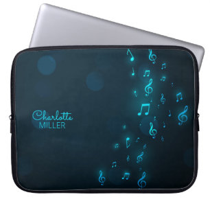 Neon Blue Musik noter och eget namn Laptop Fodral