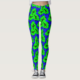 Neon Blue och Grönt Bold Leafy Mönster Leggings