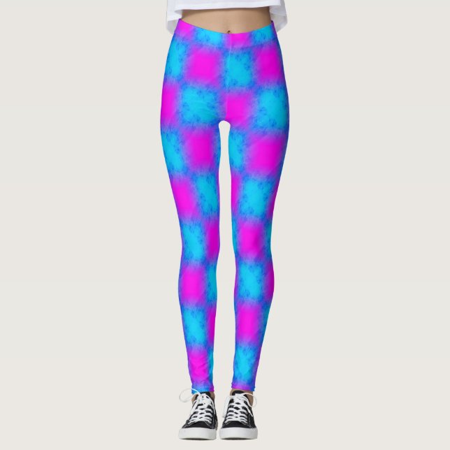 Neon Blue & Rosa Checkated Mönster Leggings (Framsida)