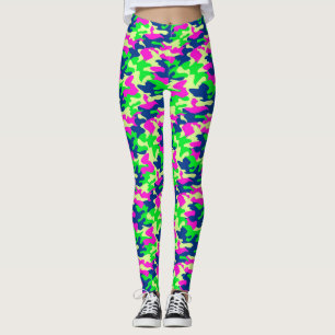 Neon Blue, Rosa & Grönt Camouflage Leggings