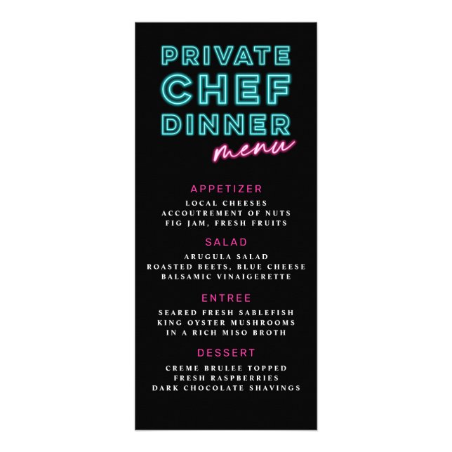 Neon Blue & Rosa Private Chef Dinner Menu Reklamkort (Framsidan)