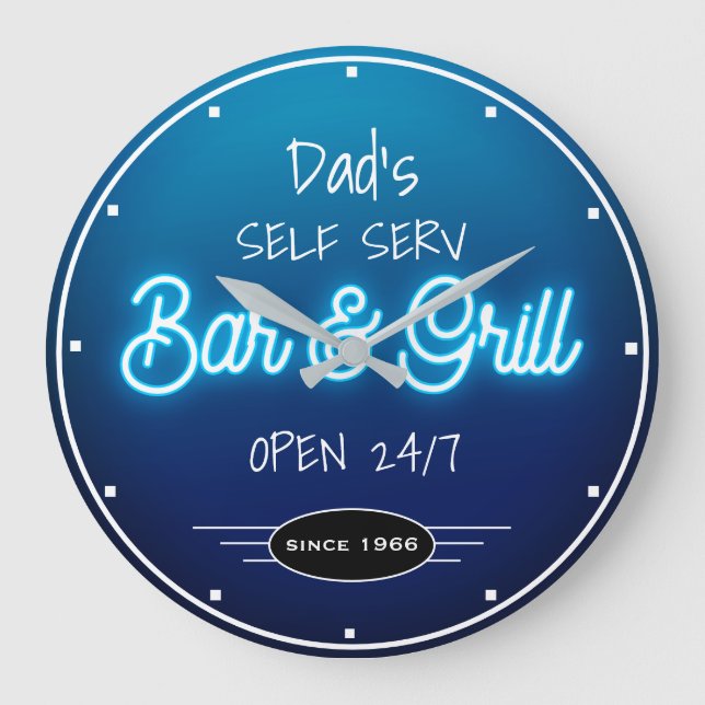 Neon Blue Script Pappa eller någon Namn Pub Grill Stor Klocka (Framsida)