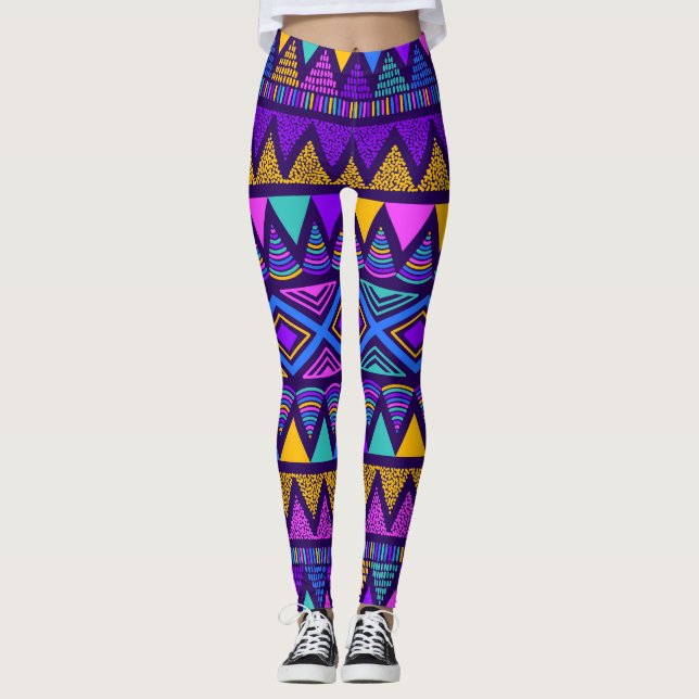 Neon Blue: Tribal Navajo Mönster Leggings (Framsida)