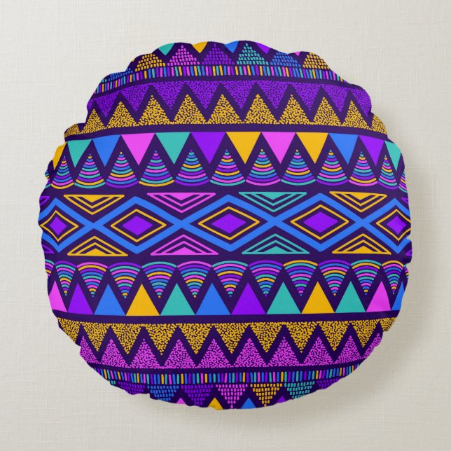 Neon Blue: Tribal Navajo Mönster Rund Kudde (Framsidan)