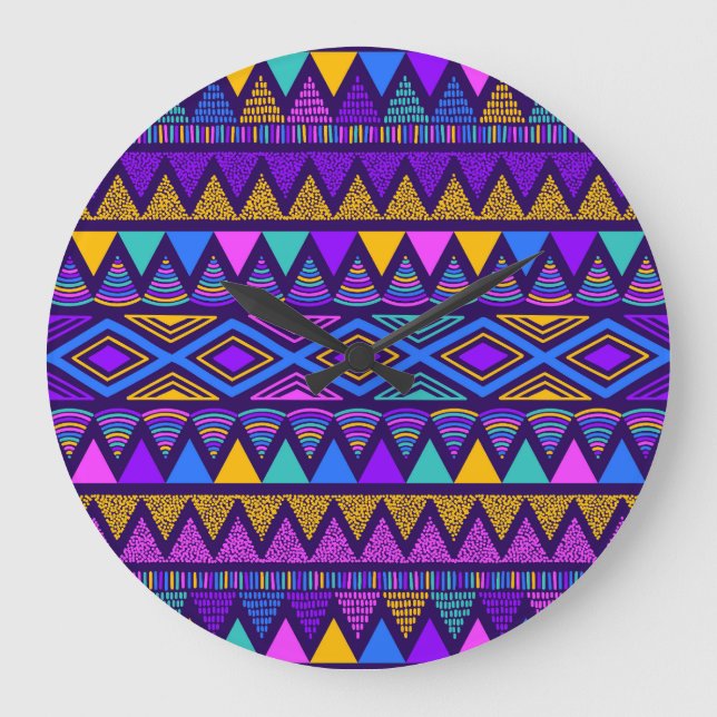 Neon Blue: Tribal Navajo Mönster Stor Klocka (Framsida)