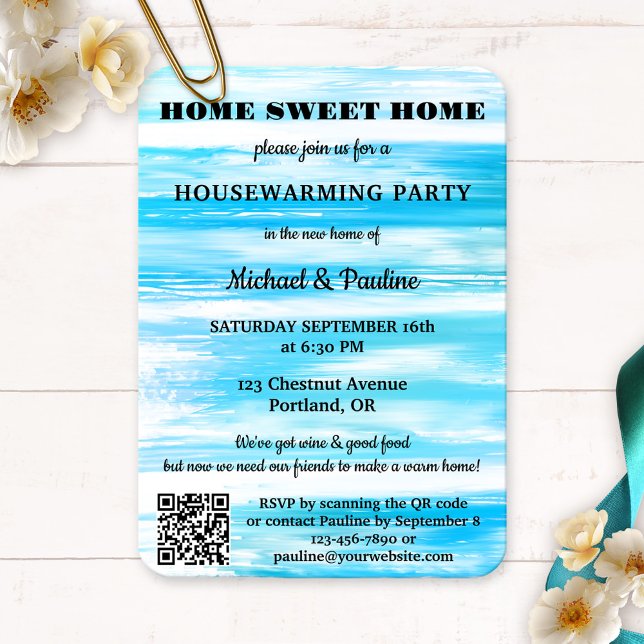 Neon Blue Turcos Paint QR Houseuppvärmning Inbjudningar (Housewarming party invitation featuring a grunge turquoise blue painted design with QR code template)