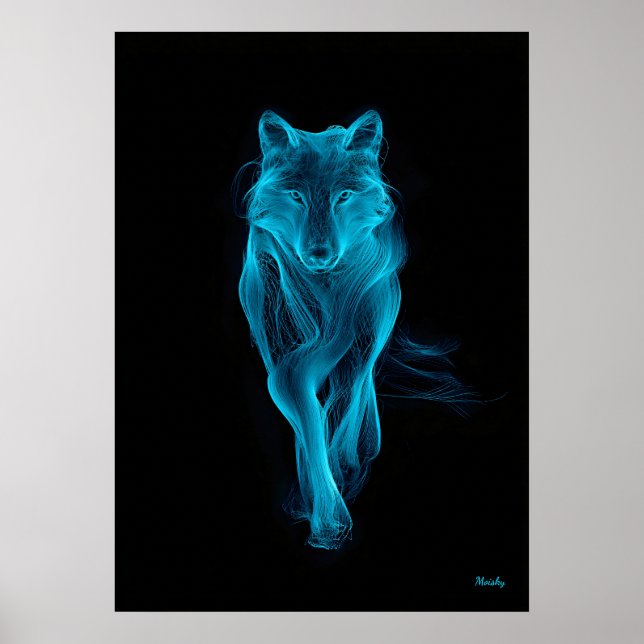 Neon Blue Wolf Futuristic Filament Wall Art Poster (Framsidan)