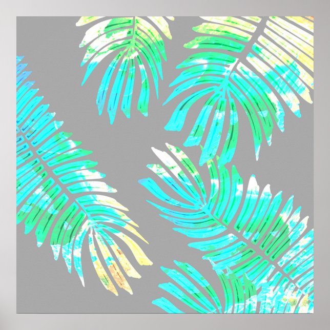 Neon Botanical Löv på Grått Poster (Framsidan)