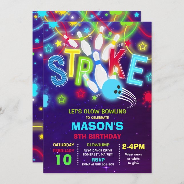 Neon Bowling Birthday Inbjudningar (Fram/baksida)