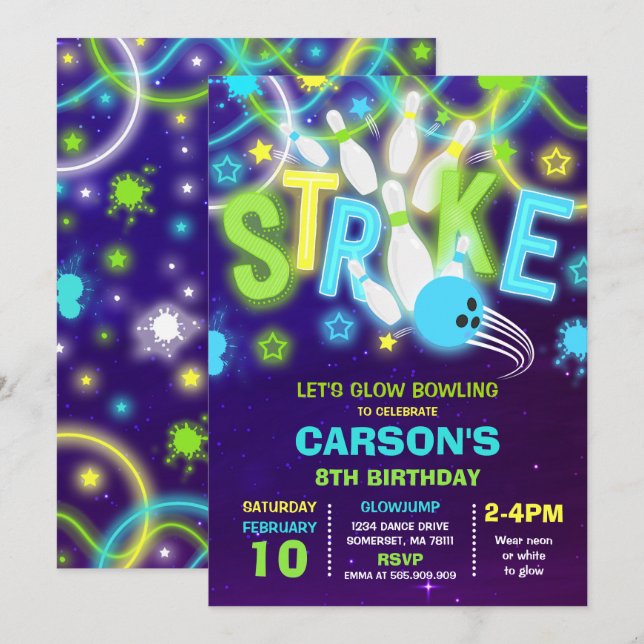 Neon Bowling Birthday Inbjudningar (Fram/baksida)