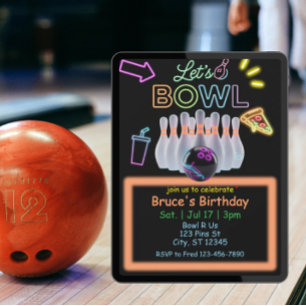 Neon bowling födelsedag inbjudningar