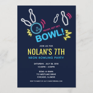 Neon Bowling Födelsedagsfest Inbjudningar