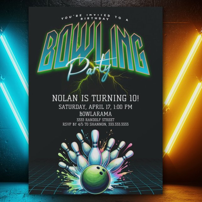 Neon bowling födelsedagsinbjudan för pojkar inbjudningar (Skapare uppladdad)