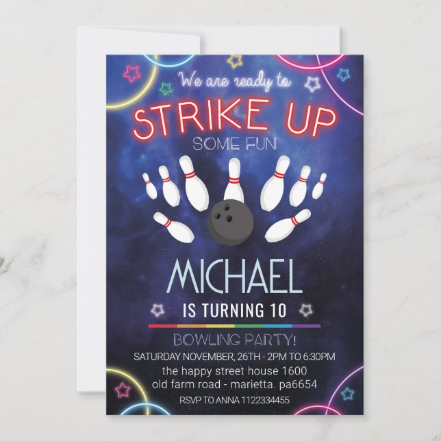 Neon Bowling Invitation for Birthday Party Retro Inbjudningar (Framsida)