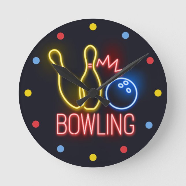 Neon Bowling Skittles Wall Clock Rund Klocka (Framsida)