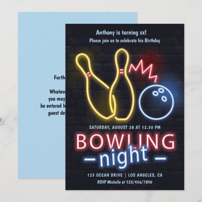 Neon Bowlingsfest Födelsedagsfest Inbjudningar (Fram/baksida)