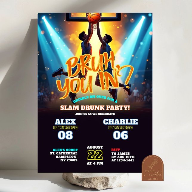Neon Bruh du i basketboll gemensam födelsedag Inbjudningar (Skapare uppladdad)