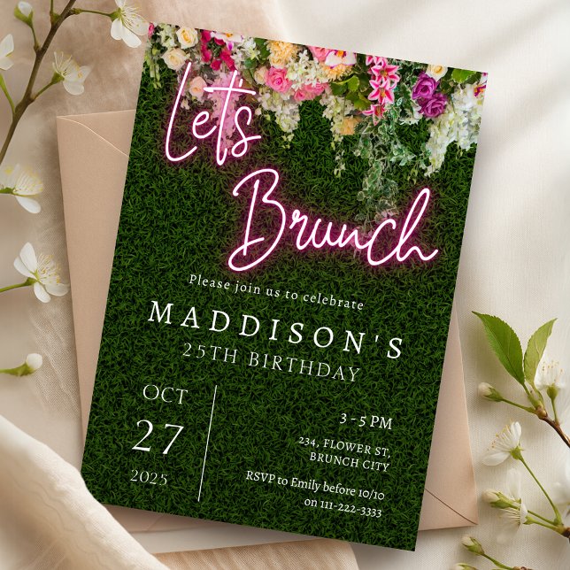 Neon Brunch Blommigt Backdroppe Garden Födelsedags Inbjudningar (Neon Brunch Floral Backdrop Garden Party Birthday Invitation)