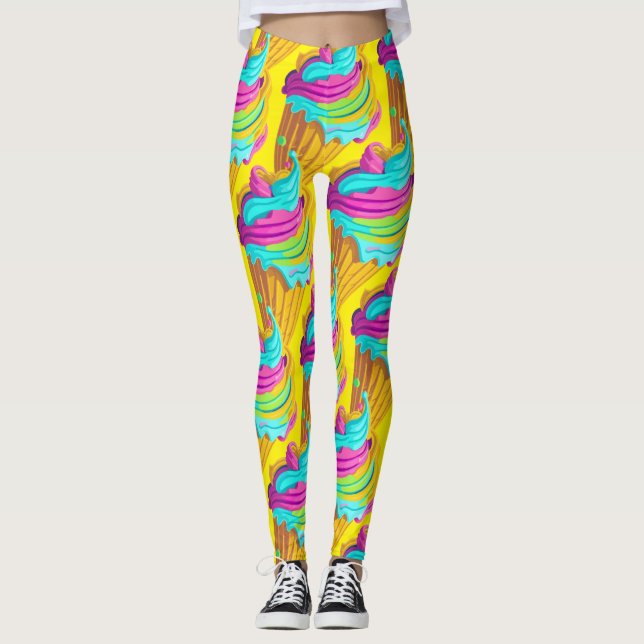 Neon Bubble Gum Ice Cream Cones Mönster Leggings (Framsida)