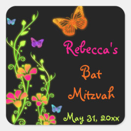 Neon Butterflies and Flowers Bat mitzvah Sticker Fyrkantigt Klistermärke