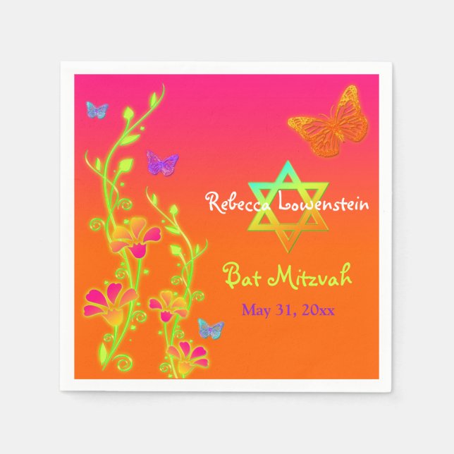 Neon Butterflies & Flowers Bat mitzvah Napkins 2 Pappersservett (Framsidan)