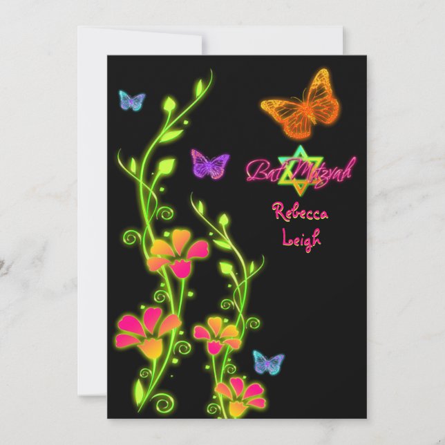 Neon Butterflies och Flowers Bat mitzvah Inbjudan  (Framsida)