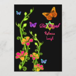 Neon Butterflies och Flowers Bat mitzvah Inbjudan 