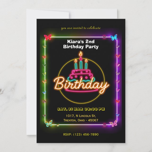 Neon Butterfly Birthday Card med färgstark kummel Inbjudningar (Framsida)