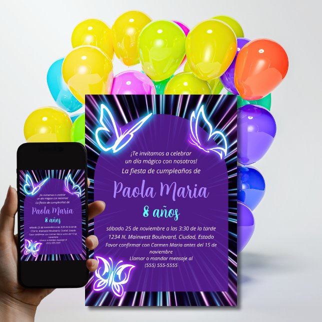 Neon Butterfly Black Lila Girl Girl Birthday Spans Inbjudningar (Skapare uppladdad)
