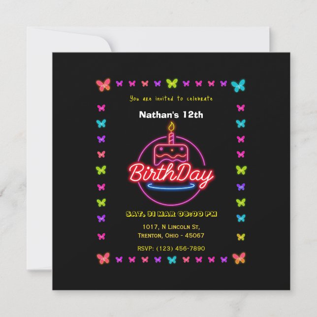 Neon Butterfly med födelsedagskort - Kummel Inbjudningar (Framsida)